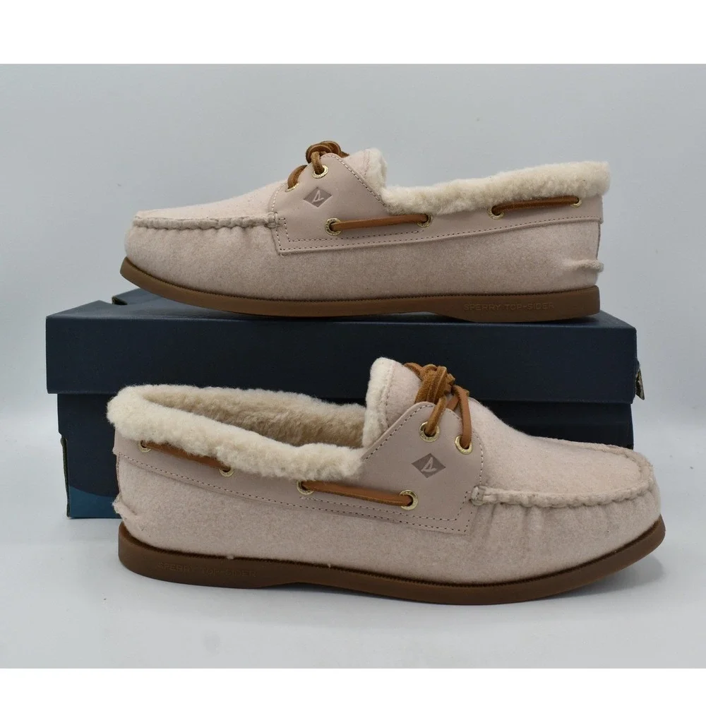 Sperry Women Size 10 AO 2 Eye Lined Faux Shearling Light Pink Suede Boat Shoes